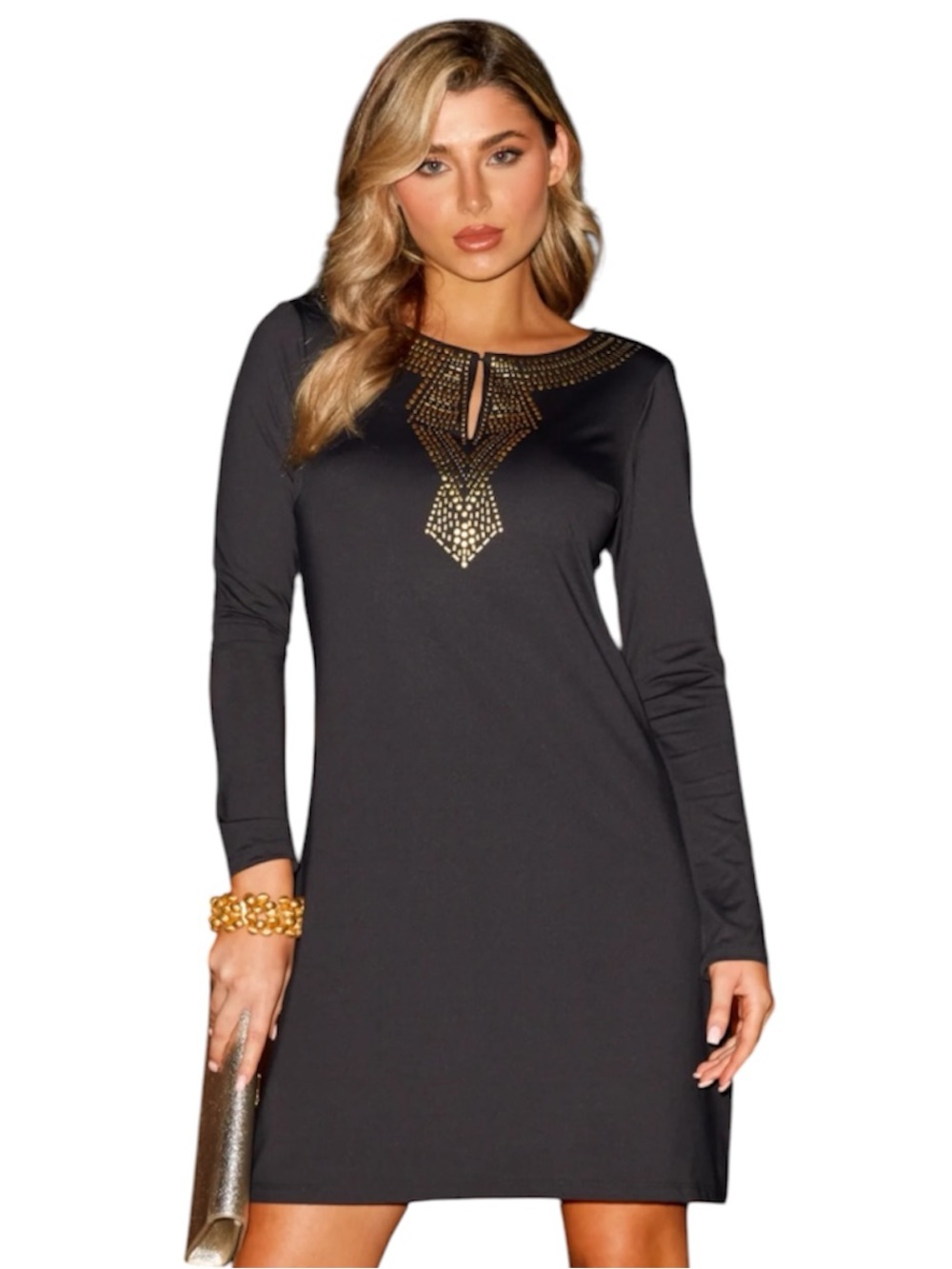 Cabana Life Black Long-Sleeve Dress with Gold Embellished Neckline - Picture 7 of 10